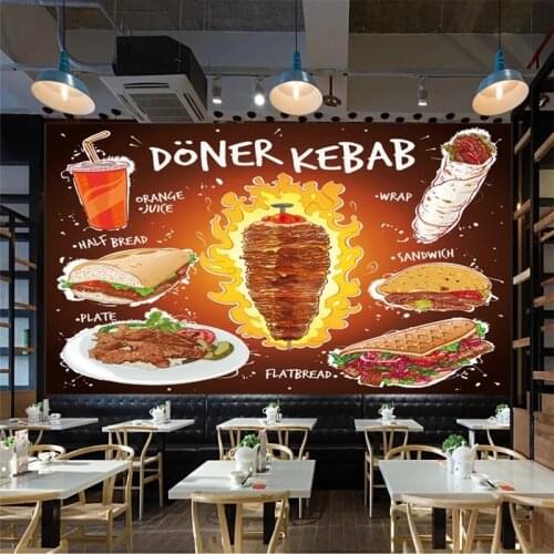 Custom 3D Hand Drawn Doner Kebab Flat Bread Sandwich Plate Orange Juice Mural Wallpaper Fast Food Restaurant Painting Waterproof