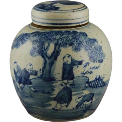 Early collection of Dezhen ceramics Qing Dynasty / hand painted blue and white baby show old pot ornaments