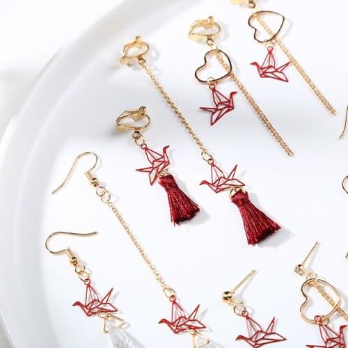 DoreenBeads Red Origami Crane Asymmetry Drop Earrings Girl Heart Sweet Fashion Jewelry Trendy Crystal Geometric Earrings,1 Pair