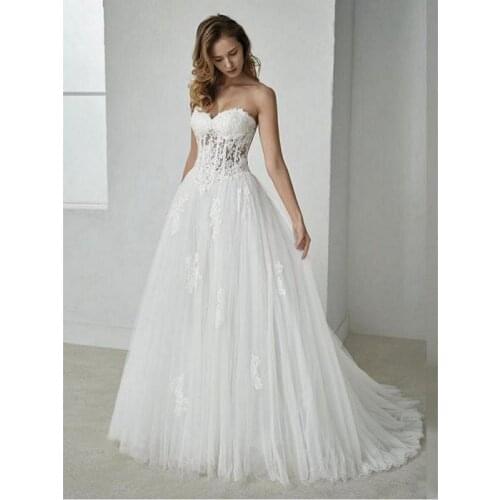 Shwaepepty Sweetheart A Line Wedding Dresses 2021 Lace Appliqued Plus Size Long Tulle Bridal Gowns Back Corset Bride Dress