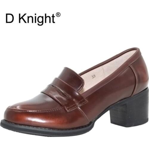 Loafer Pumps Shoes Women Vintage Genuine Leather Womens Shoes Brogues Thick High Heel British College Tassel Women Pumps Oxford