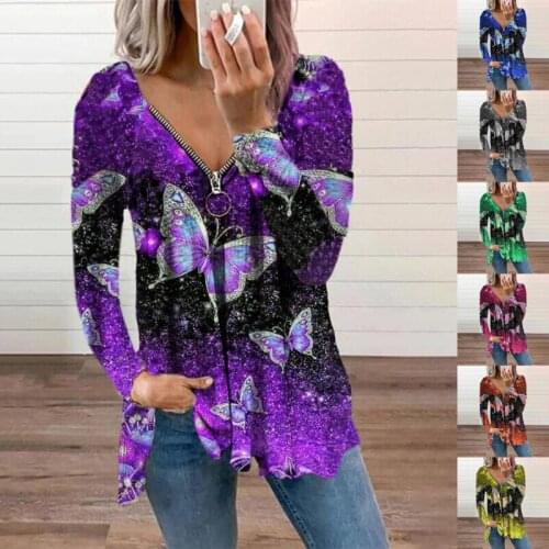 New V-neck Womens Blouse Autumn Butterfly Printing Long-sleeved Top Zipper Pullover Ladies T-shirt Damen Kleidung