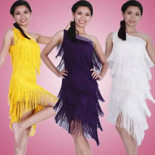 Women Unequal Fringe Dress Sexy One Shoulder Sloping Shoulder Sleeveless Beaded Latin Tango Ballroom Salsa Girls Dance Dress