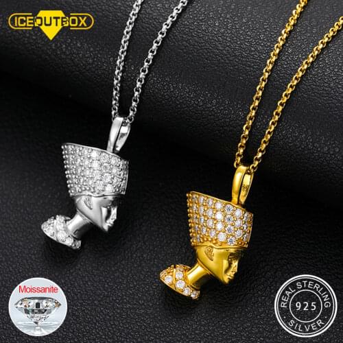 925 Sterling Silver Ancient Egyptian Queen Pharaoh Pendant Moissanite Necklace Women Egypt Nefertiti Head Portrait Jewelry Gifts