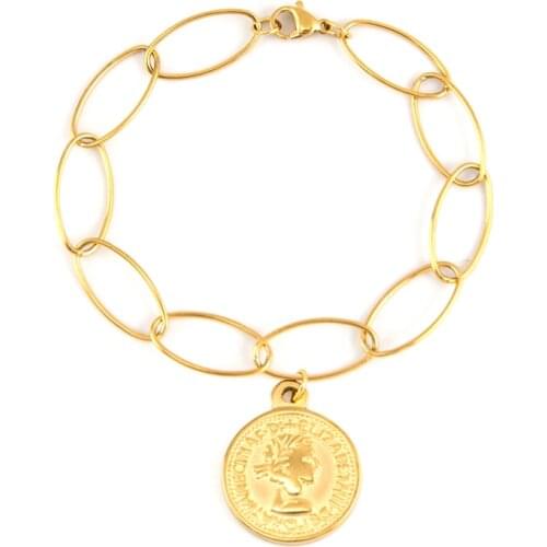 Gold Color/Silver Color Stainless Steel Coin Medal Pendant Bracelet For Women Long O Oval Chain Vintage Style Jewelry