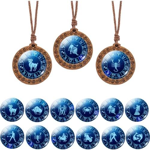 12 Zodiac Signs Rope Chain Necklace Libra Scorpio Sagittarius Capricorn Aquarius Pisces Necklace Infinity Symbol Wood Pendant