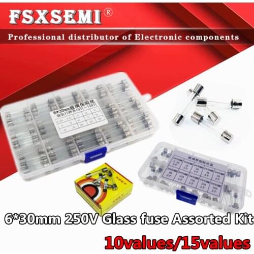15values*10pcs=150pcs 10values*5pcs 6*30mm 250V Glass fuse Assorted Kit + BOX 6x30 0.25A 0.5A 1A 2A 3A 4A 5A 6A 7A 8A 10A 15A