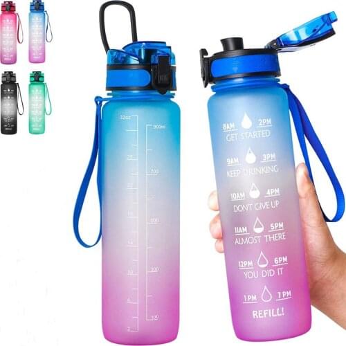 32oz Leakproof BPA Free Drinking Water Bottle with Time Marker Wide Mouth Sports Drinkware Plastic My Drink Bottle for Gym
