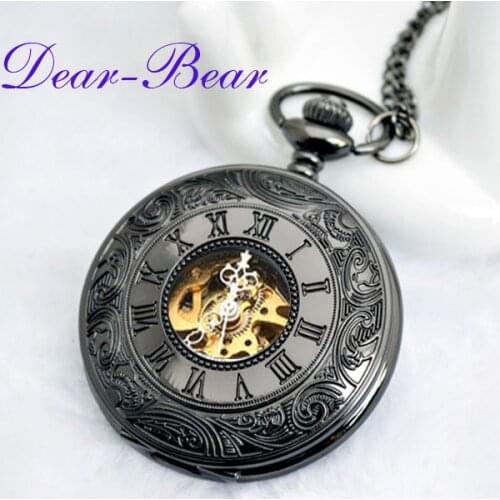 8002B) Black Roman Numbers Hunter Hand wind Mechanical Pocket Watch, 6 pcs/lot