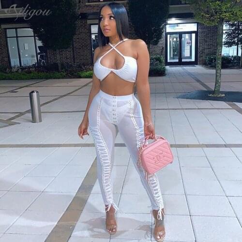 Ailigou New 2020 Sexy Bodycon Pants Lace Up Black and White Mesh Trousers with Golden Eyes