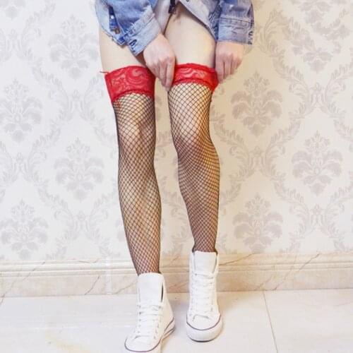 Mens Red Lace Long Stockings High Stretch Black Fishnet Stockings Sexy Male Socks Special Gifts for Men