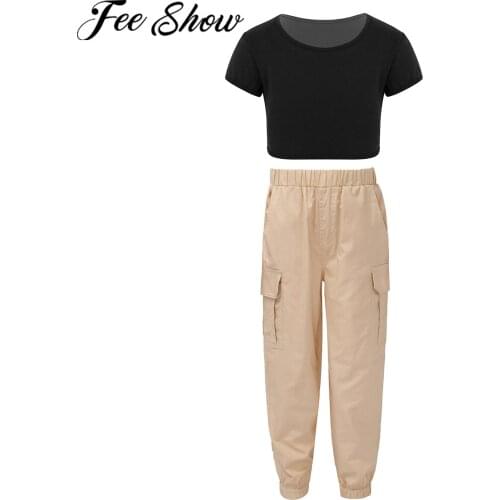 Children Girls Hip Hop Street Dance Clothing Sets Kids Tracksuit Outfits Short Sleeves Dance Crop Top + Cargo Pants Sports Suit