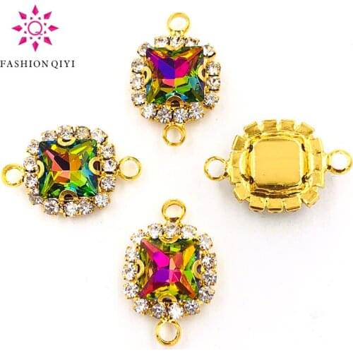 Free shipping Double loop sew on rhinestones Rainbow glass square shape gold base Crystal buckle DIY Wedding dress accessories
