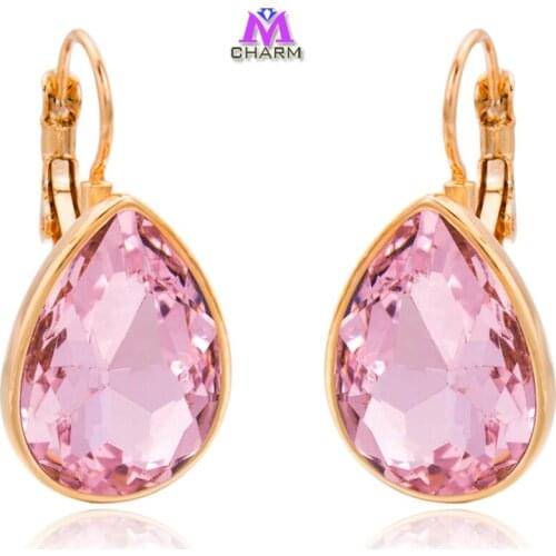 Brand Design!2015 Hottest Real Gold Plated Nickle Free Water Drop Pink Big SWA Crystal Drop Jewelry Earrings For Women