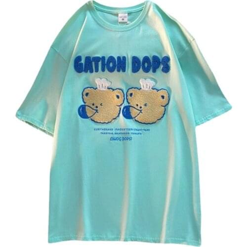 Stitching Flocking Cute Bubble Chef Little Bear Summer Casual Women Clothing T Shirt Japanese Anime Loose Girl Tees Tops Female