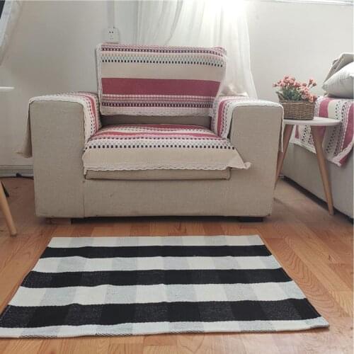 Plaid Carpet Knitted with Cotton Thread Non-slip Washable Checkered Rug for Kitchen/Door Way/Laundry Easy To Clean Home Rug