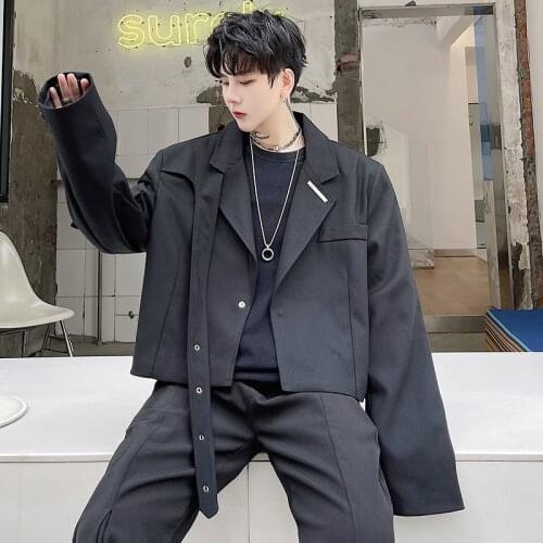 Suit Blazer Men Japan Harajuku Streetwear Chic Fashion Loose Casual Short Suit Jacket Man Dark Design Style Suit Coat