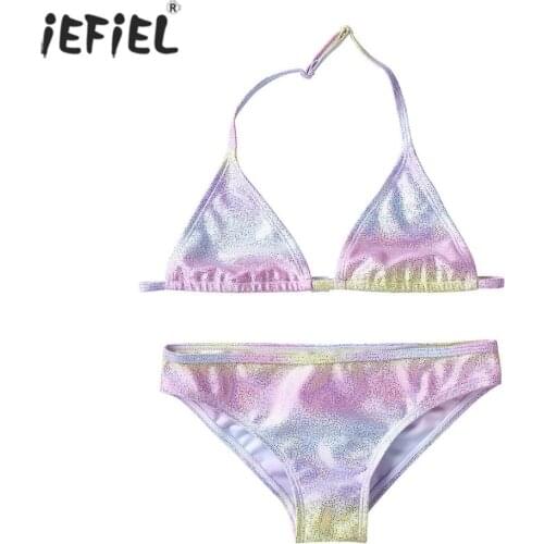 Summer Fashion Girls Swimsuit Glittery Gradient Color Kids Swimwear Halter Bikini Top with Bottoms Set Bathing Suit 7-14 Year