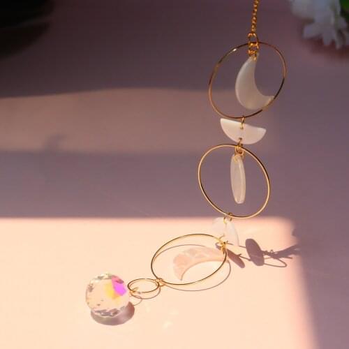 Metal Crystal Moon Ring Semicircle Pendant Colorful Sun Catcher Ornament for Home Garden Car Hanging Decoration Craft