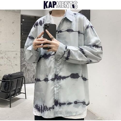 KAPMENTS Men Harajuku Tie Dye Long Sleeve Shirts 2020 Korean Mens Streetwear Hip Hop Shirt Male Fashion Japanese Button Up Shirt