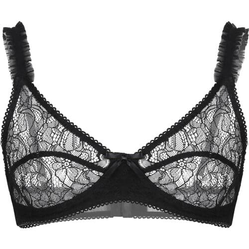 Male Mens Sissy Soft See Through Sheer Floral Lace Lingerie Adjustable Spaghetti Straps Wire-free No Padded Bralette Bra Tops