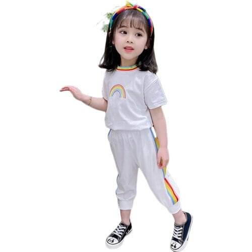 New Little Girl Rainbow Print Set 2-Piece Suits Short Sleeve O Neck Tops And Long Pants White Black Pink