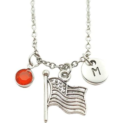USA Flag Necklace Birthstone Creative Initial Letter Monogram Fashion Jewelry Women Christmas Gifts Accessories Pendant