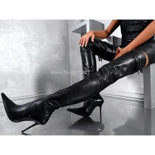 Black Leather Buckle Thigh High Boots Woman Sexy Pointed Toe Thin Heel Thin Legs Over-the-knee Long Boots Lady Large Size