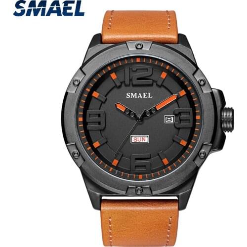 SMAEL Fashion Watch Men Water Resistant 3Bar Week Date Display Casual Quartz Wristwatches With Leather Strap SL-1313