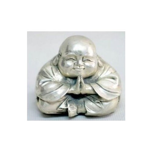 Old Tibet Silver Sitting Small Laughing Buddha Statue Art Bronze sculpture home decoration
