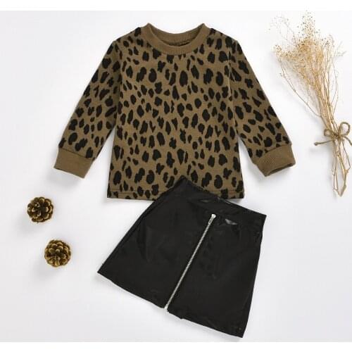2PCS Toddler Kids Baby Girl Clothes Set Leopard Print Pullover Sweater Tops Leather Mini Skirts Outfit Girls Clothing 1-5Years