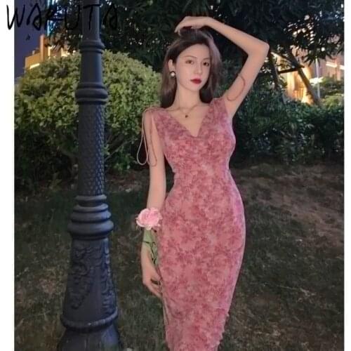WAKUTA Floral Dress Women Elegant Bodycon Sleeveless V-neck Long Dresses Vintage Backless Robe Korean Chic Sweet Vestidos Mujer
