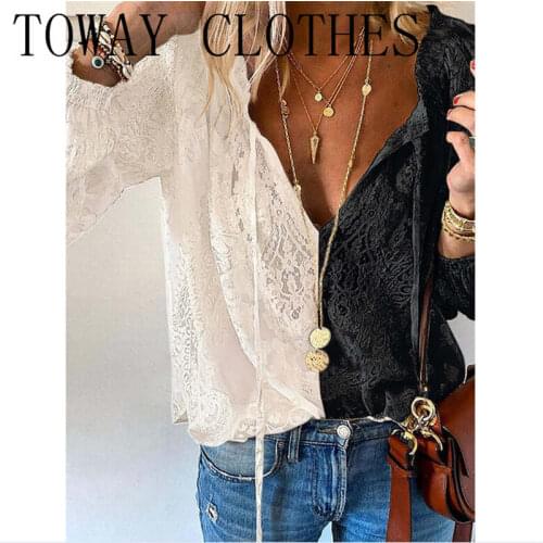 Women Colorblock V Neck Patchwork Hollow-out Lace Long Sleeve Shirt Blouse