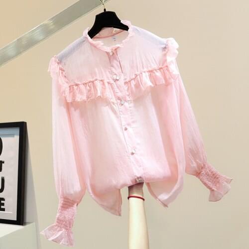 Sequin Bead Ruffled Solid Color Shirt Woman 2021 Spring Korean Style Loose Temperament Bright Silk Stripes Chiffon Blouse Blusas