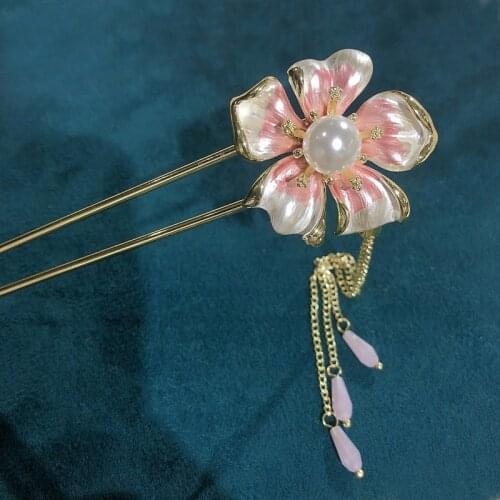 Muylinda Vintage Lotus Pearl Hair Stick Sweeet Orchid Flower Head Wear Fork Metal Tassel Hairpins for Women Hair Accessories