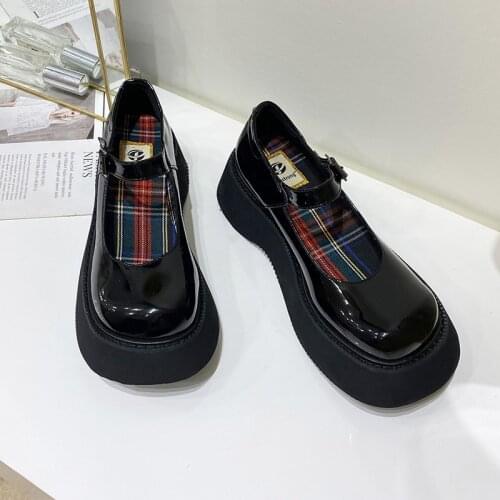 FONBERRY Chunky Heel Patent Leather Platform Mary Janes Shoes Women Plaid Inside High Heels Women Pumps Goth Y2K Shoes Women