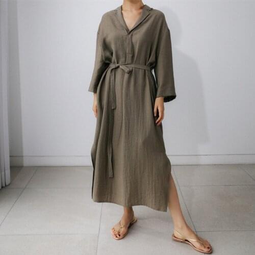 Johnature 2021 Autumn New Women Vintage Turn-down Collar Loose Dress All Match Solid Color Slits Female Dresses