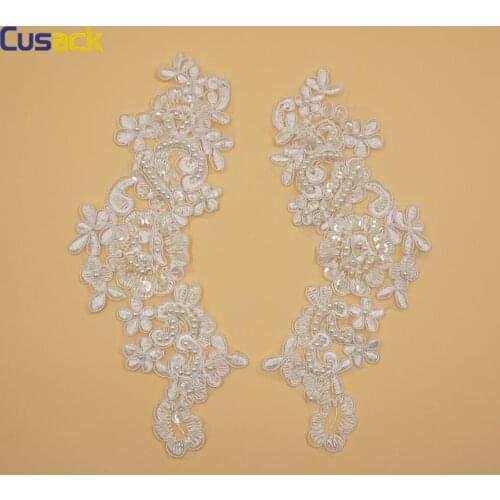 1 pair White Beads Sequins Flower Applique Lace Trims for Wedding Dresses Trimmings Mesh Sewing Lace Fabric 10*23 cm
