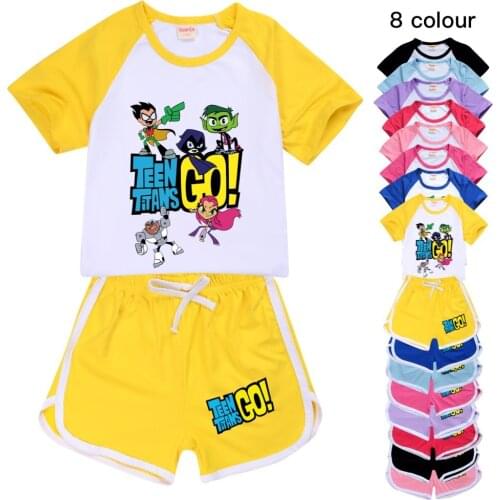 100-170 Boys Clothing Teen Titans Go Girls T Shirt Shorts 2 Piece Sports Suit Toddler Clothes Kids Summer Tops Set Leisure Wear