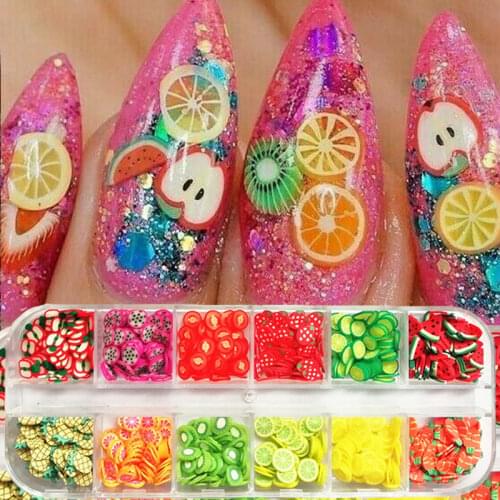 12pcs/ 1 box of 3D fruit flowers nail art decorations mixed style colorful nail glitter watermelon orange strawberry design