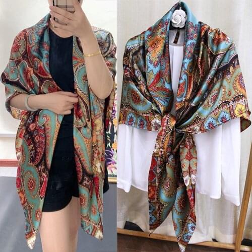 140cm Bohemia Style Kerchief Silk Satin Neck Scarf For Women Print Hijab Scarfs Female Square Shawls and Wraps Scarves Plaid