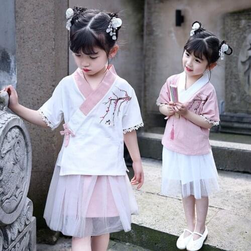 2019 Summer Baby Girls Two Piece Set Tang Style Suit Skirt Hanfu Princess Dress For Little Girl Chinese Dance Costumes Sl1019