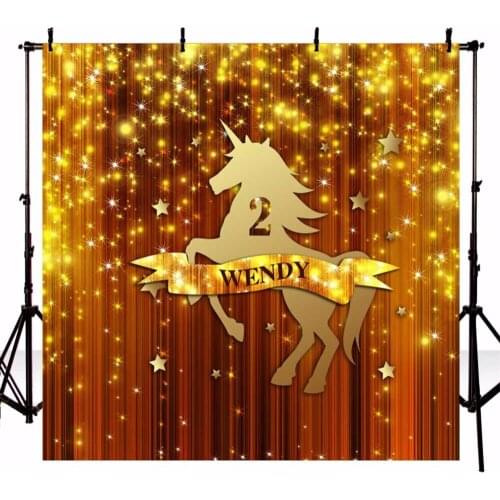 5x7ft Photography Backdrop Unicorn Gold Curtain Twinkle Star Photo Background Kids Birthday Banner Personalized Name and Text