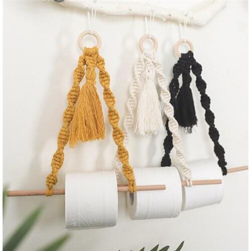 Toilet Paper Holder Cotton Braided Rope Wood Towel Hanger Rack Handmade Wall Mounted Art Yellow/Black/Beige Bohemian Style Decor