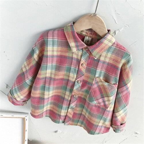Childrens Shirts 2021 Spring Autumn New Baby Boys and Girls Casual Plaid Lapel Shirts Childrens Long-sleeved Bottoming Shirts