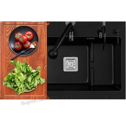 Quartz Stone Sink Single Tank Kitchen Wash Basin Granite Sink Household Thickened With Drain Set