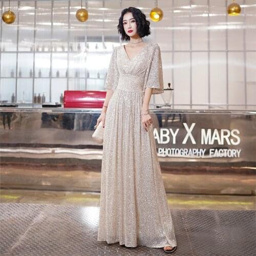 Elegant V-Neck Sequins Applique Half Sleeve Evening Dress Cheongsam Back Zipper Prom Fomail Gown Vestidos De Noche