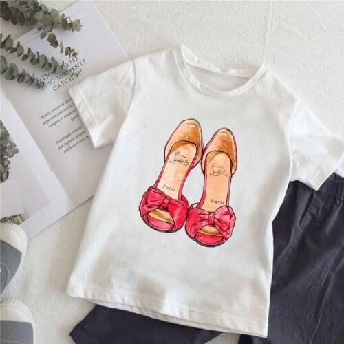 Vintage Paris Red Shoes Print T shirt For Girls Funny Kids Tops Summer Fashion Baby Clothes White Children T-shirt,HKP5273
