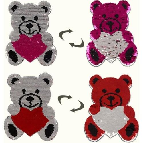 T shirt Women 22cm bear love heart patch up and down inverting sequins change color deal with it patches for clothing stickers