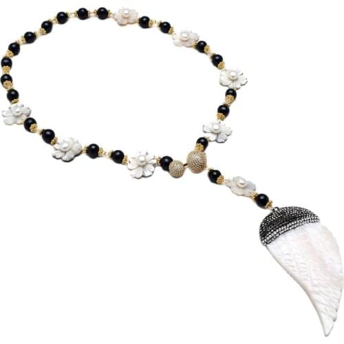 GG Jewelry Natural Black Freshwater Pearl Cameo Shell Flower Long Necklace Shell Carved Wing Pendant 31'' Handmade For Women